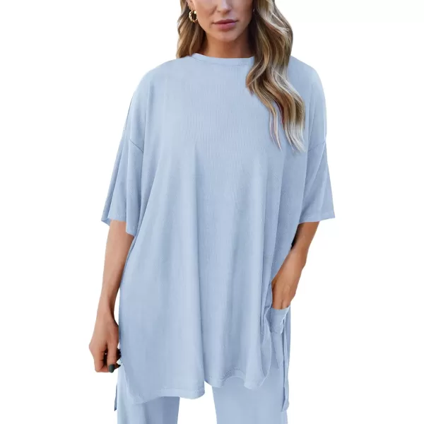 PRETTYGARDEN Womens 2 Piece Outfits Casual Short Sleeve Pullover Tops and Wide Leg Pants Lounge Sets TracksuitsLight Blue