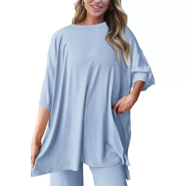 PRETTYGARDEN Womens 2 Piece Outfits Casual Short Sleeve Pullover Tops and Wide Leg Pants Lounge Sets TracksuitsLight Blue