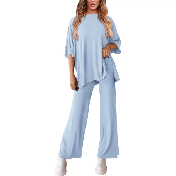 PRETTYGARDEN Womens 2 Piece Outfits Casual Short Sleeve Pullover Tops and Wide Leg Pants Lounge Sets TracksuitsLight Blue