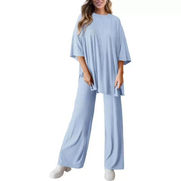 PRETTYGARDEN Womens 2 Piece Outfits Casual Short Sleeve Pullover Tops and Wide Leg Pants Lounge Sets TracksuitsLight Blue