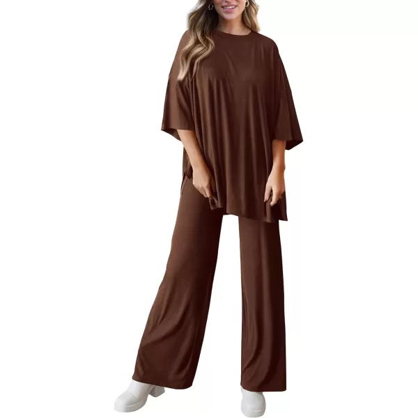PRETTYGARDEN Womens 2 Piece Outfits Casual Short Sleeve Pullover Tops and Wide Leg Pants Lounge Sets TracksuitsLight Coffee