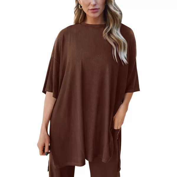 PRETTYGARDEN Womens 2 Piece Outfits Casual Short Sleeve Pullover Tops and Wide Leg Pants Lounge Sets TracksuitsLight Coffee