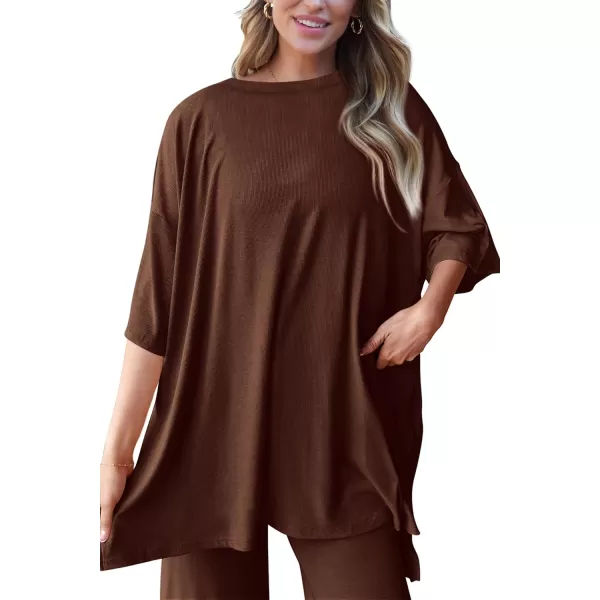 PRETTYGARDEN Womens 2 Piece Outfits Casual Short Sleeve Pullover Tops and Wide Leg Pants Lounge Sets TracksuitsLight Coffee