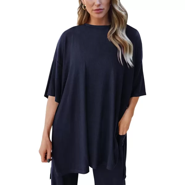 PRETTYGARDEN Womens 2 Piece Outfits Casual Short Sleeve Pullover Tops and Wide Leg Pants Lounge Sets TracksuitsNavy