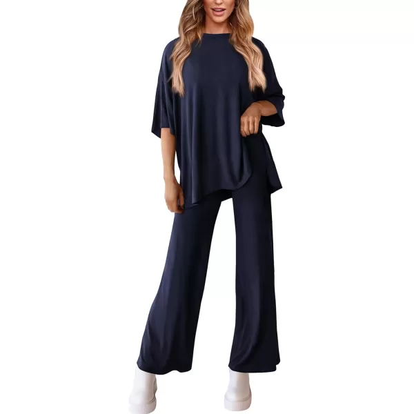 PRETTYGARDEN Womens 2 Piece Outfits Casual Short Sleeve Pullover Tops and Wide Leg Pants Lounge Sets TracksuitsNavy