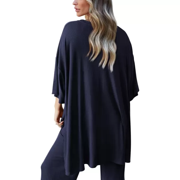 PRETTYGARDEN Womens 2 Piece Outfits Casual Short Sleeve Pullover Tops and Wide Leg Pants Lounge Sets TracksuitsNavy