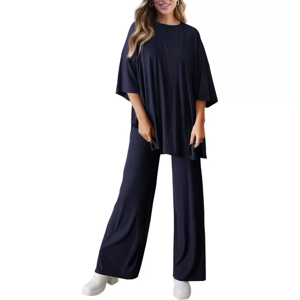 PRETTYGARDEN Womens 2 Piece Outfits Casual Short Sleeve Pullover Tops and Wide Leg Pants Lounge Sets TracksuitsNavy