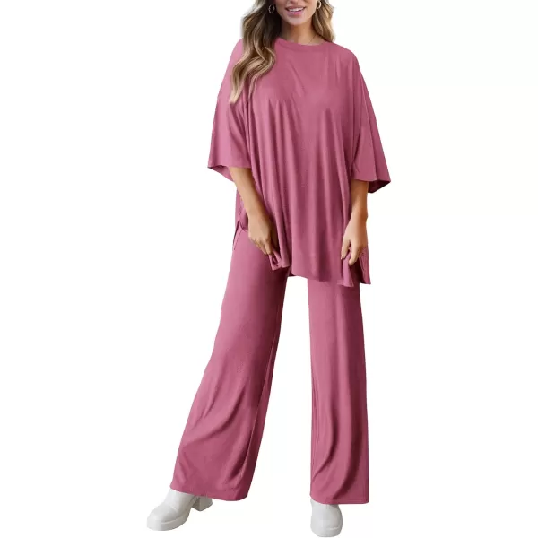 PRETTYGARDEN Womens 2 Piece Outfits Casual Short Sleeve Pullover Tops and Wide Leg Pants Lounge Sets TracksuitsPink