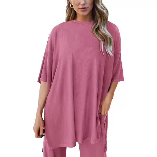 PRETTYGARDEN Womens 2 Piece Outfits Casual Short Sleeve Pullover Tops and Wide Leg Pants Lounge Sets TracksuitsPink