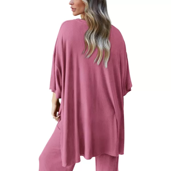 PRETTYGARDEN Womens 2 Piece Outfits Casual Short Sleeve Pullover Tops and Wide Leg Pants Lounge Sets TracksuitsPink