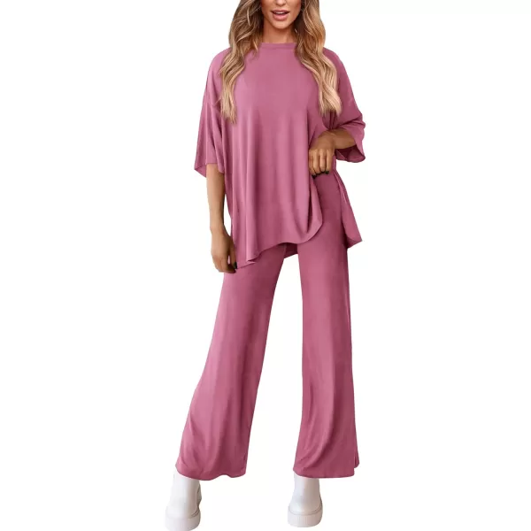 PRETTYGARDEN Womens 2 Piece Outfits Casual Short Sleeve Pullover Tops and Wide Leg Pants Lounge Sets TracksuitsPink