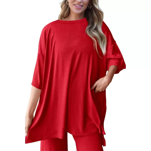 PRETTYGARDEN Womens 2 Piece Outfits Casual Short Sleeve Pullover Tops and Wide Leg Pants Lounge Sets TracksuitsRed