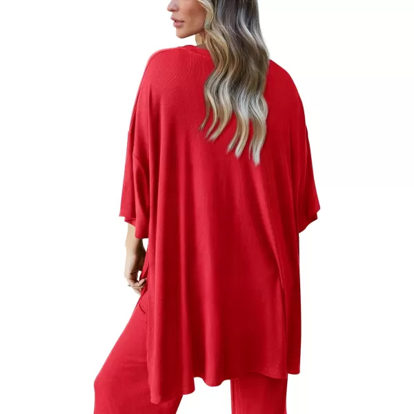 PRETTYGARDEN Womens 2 Piece Outfits Casual Short Sleeve Pullover Tops and Wide Leg Pants Lounge Sets TracksuitsRed