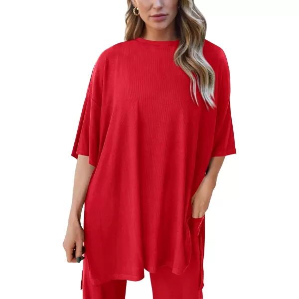 PRETTYGARDEN Womens 2 Piece Outfits Casual Short Sleeve Pullover Tops and Wide Leg Pants Lounge Sets TracksuitsRed