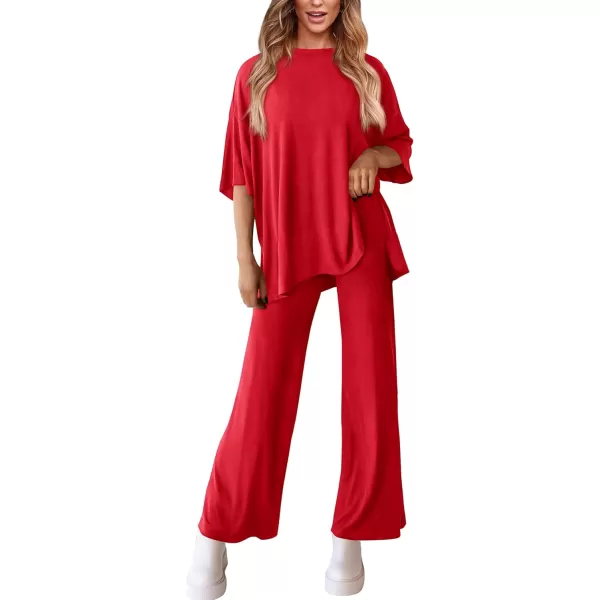 PRETTYGARDEN Womens 2 Piece Outfits Casual Short Sleeve Pullover Tops and Wide Leg Pants Lounge Sets TracksuitsRed