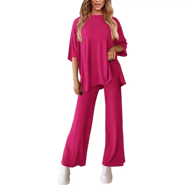PRETTYGARDEN Womens 2 Piece Outfits Casual Short Sleeve Pullover Tops and Wide Leg Pants Lounge Sets TracksuitsRose Red