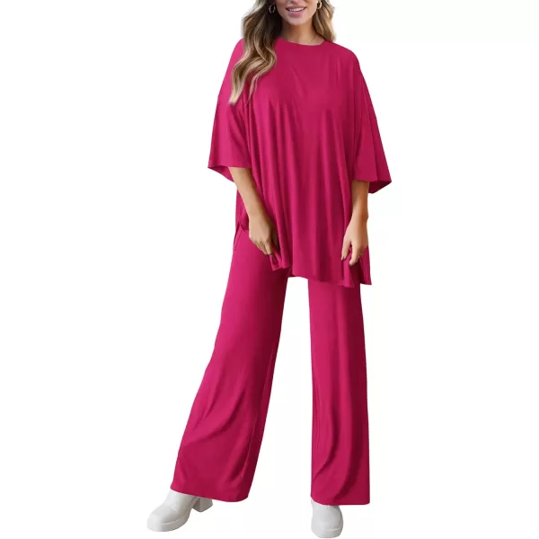 PRETTYGARDEN Womens 2 Piece Outfits Casual Short Sleeve Pullover Tops and Wide Leg Pants Lounge Sets TracksuitsRose Red