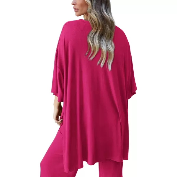 PRETTYGARDEN Womens 2 Piece Outfits Casual Short Sleeve Pullover Tops and Wide Leg Pants Lounge Sets TracksuitsRose Red