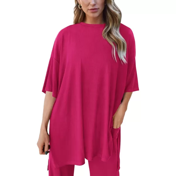 PRETTYGARDEN Womens 2 Piece Outfits Casual Short Sleeve Pullover Tops and Wide Leg Pants Lounge Sets TracksuitsRose Red
