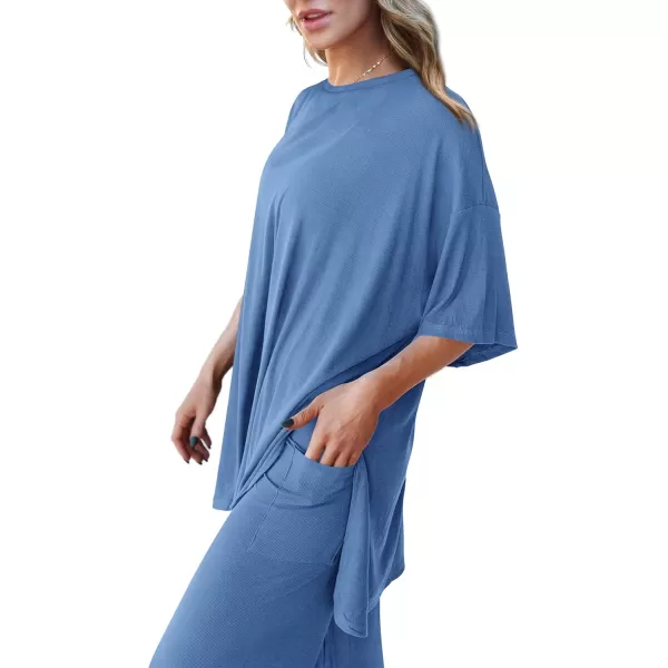 PRETTYGARDEN Womens 2 Piece Outfits Casual Short Sleeve Pullover Tops and Wide Leg Pants Lounge Sets TracksuitsSky Blue