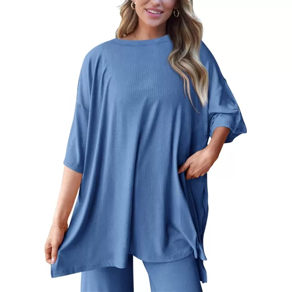 PRETTYGARDEN Womens 2 Piece Outfits Casual Short Sleeve Pullover Tops and Wide Leg Pants Lounge Sets TracksuitsSky Blue