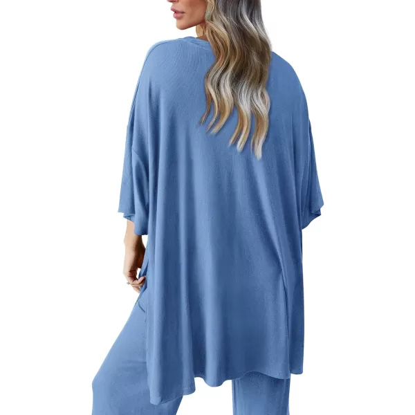 PRETTYGARDEN Womens 2 Piece Outfits Casual Short Sleeve Pullover Tops and Wide Leg Pants Lounge Sets TracksuitsSky Blue