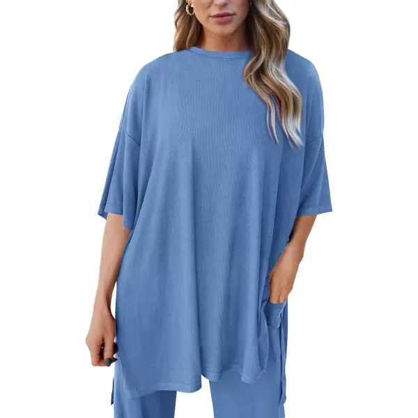 PRETTYGARDEN Womens 2 Piece Outfits Casual Short Sleeve Pullover Tops and Wide Leg Pants Lounge Sets TracksuitsSky Blue