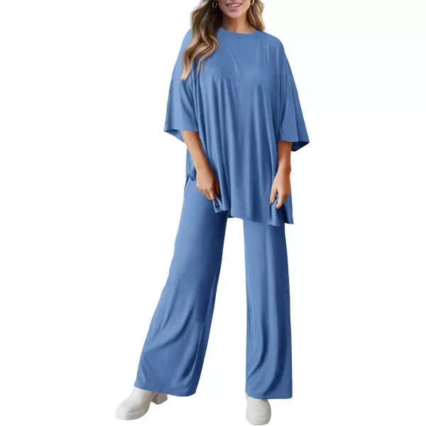 PRETTYGARDEN Womens 2 Piece Outfits Casual Short Sleeve Pullover Tops and Wide Leg Pants Lounge Sets TracksuitsSky Blue