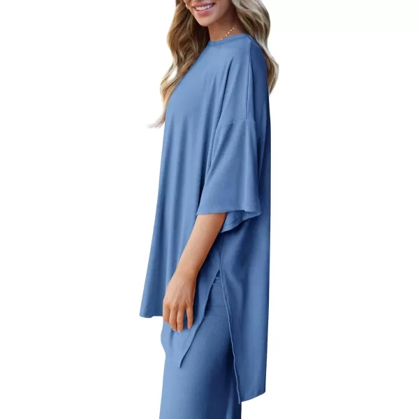 PRETTYGARDEN Womens 2 Piece Outfits Casual Short Sleeve Pullover Tops and Wide Leg Pants Lounge Sets TracksuitsSky Blue