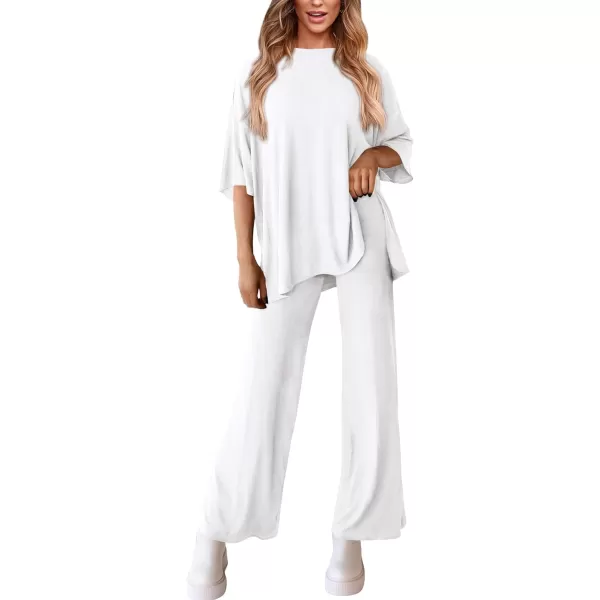 PRETTYGARDEN Womens 2 Piece Outfits Casual Short Sleeve Pullover Tops and Wide Leg Pants Lounge Sets TracksuitsWhite