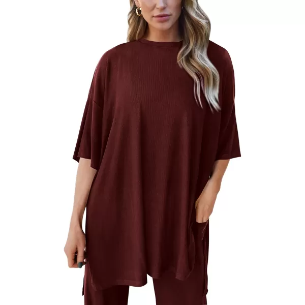 PRETTYGARDEN Womens 2 Piece Outfits Casual Short Sleeve Pullover Tops and Wide Leg Pants Lounge Sets TracksuitsWine Red