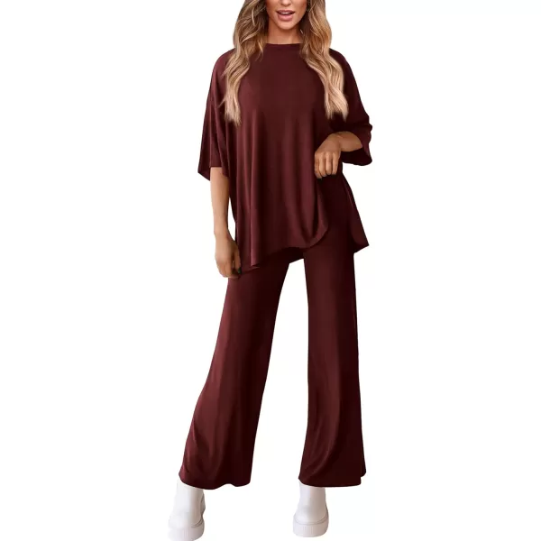 PRETTYGARDEN Womens 2 Piece Outfits Casual Short Sleeve Pullover Tops and Wide Leg Pants Lounge Sets TracksuitsWine Red