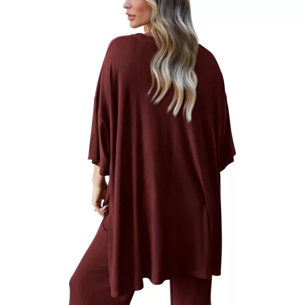PRETTYGARDEN Womens 2 Piece Outfits Casual Short Sleeve Pullover Tops and Wide Leg Pants Lounge Sets TracksuitsWine Red