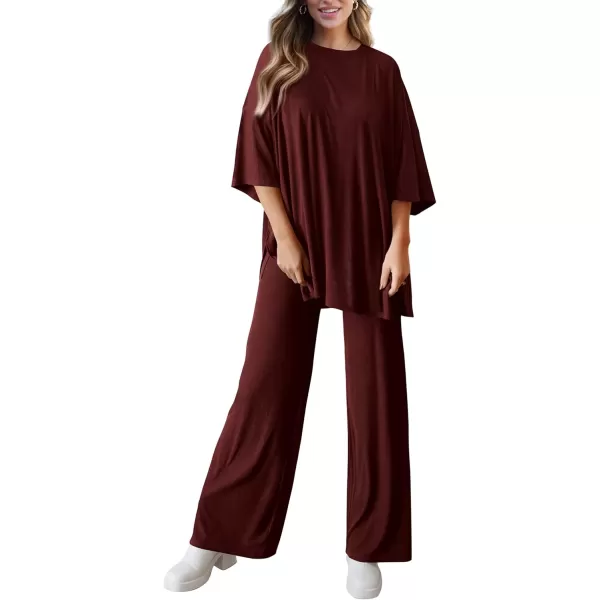 PRETTYGARDEN Womens 2 Piece Outfits Casual Short Sleeve Pullover Tops and Wide Leg Pants Lounge Sets TracksuitsWine Red