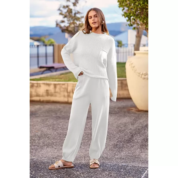 PRETTYGARDEN Womens Fall 2 Piece Sweater Set Casual Pullover Top High Waisted Sweatpants Tracksuit Lounge OutfitsBeige White