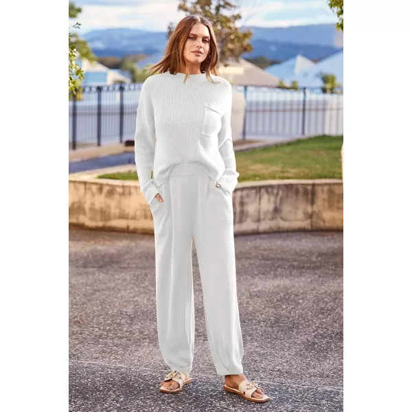PRETTYGARDEN Womens Fall 2 Piece Sweater Set Casual Pullover Top High Waisted Sweatpants Tracksuit Lounge OutfitsBeige White