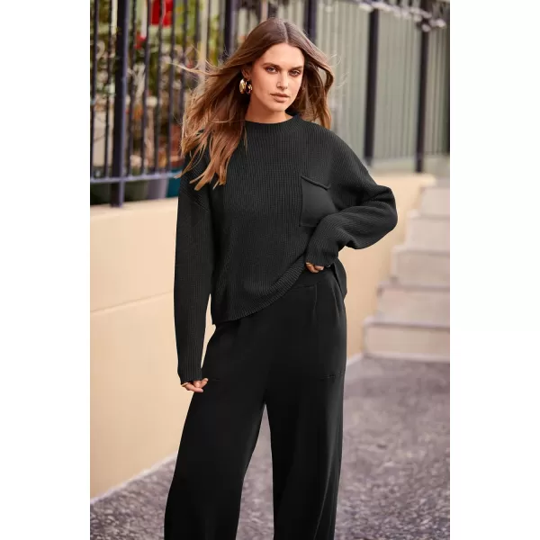 PRETTYGARDEN Womens Fall 2 Piece Sweater Set Casual Pullover Top High Waisted Sweatpants Tracksuit Lounge OutfitsBlack