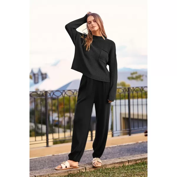 PRETTYGARDEN Womens Fall 2 Piece Sweater Set Casual Pullover Top High Waisted Sweatpants Tracksuit Lounge OutfitsBlack