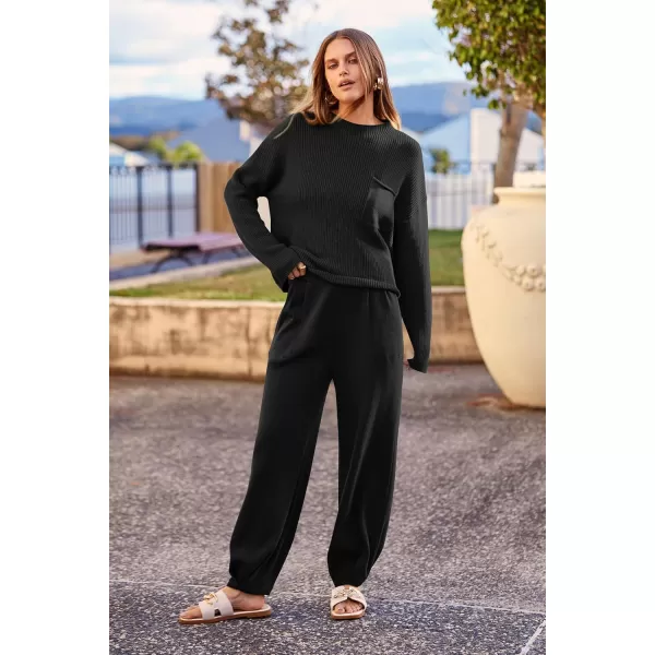 PRETTYGARDEN Womens Fall 2 Piece Sweater Set Casual Pullover Top High Waisted Sweatpants Tracksuit Lounge OutfitsBlack