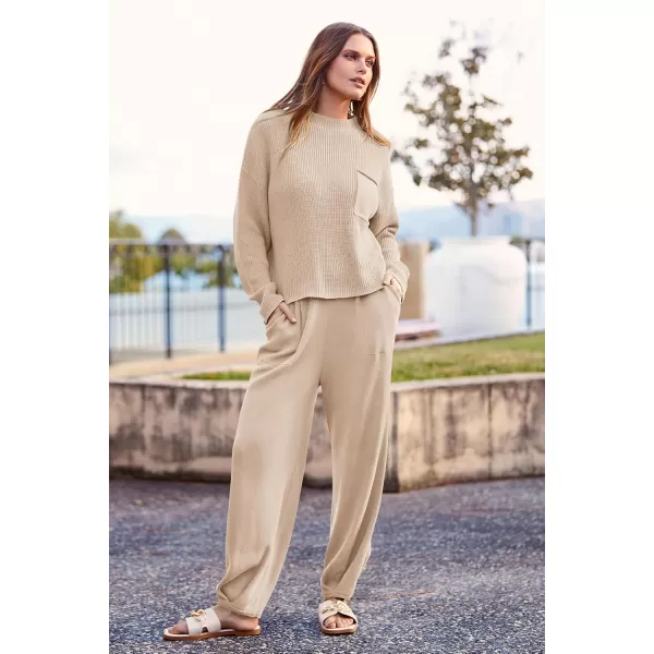 PRETTYGARDEN Womens Fall 2 Piece Sweater Set Casual Pullover Top High Waisted Sweatpants Tracksuit Lounge OutfitsLight Khaki