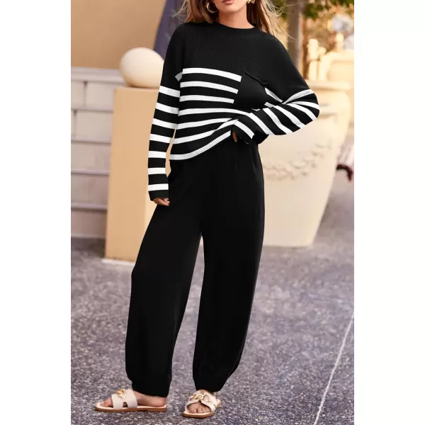 PRETTYGARDEN Womens Fall 2 Piece Sweater Set Casual Pullover Top High Waisted Sweatpants Tracksuit Lounge OutfitsStriped Black
