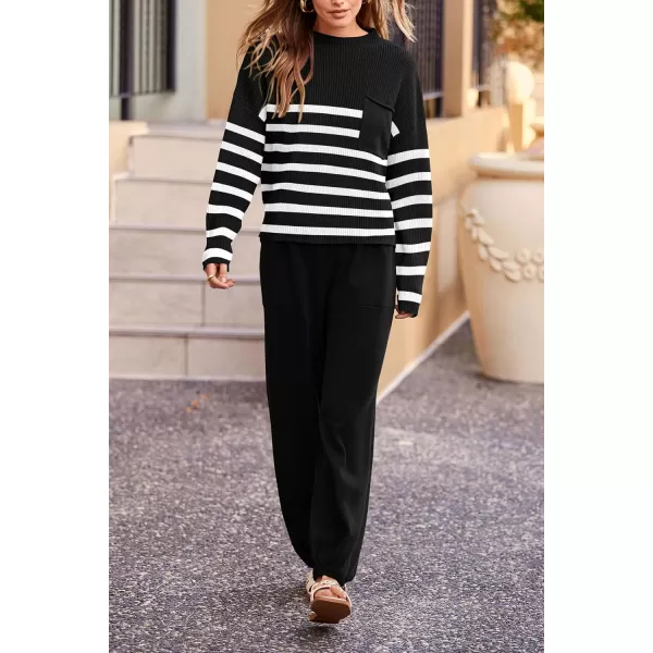 PRETTYGARDEN Womens Fall 2 Piece Sweater Set Casual Pullover Top High Waisted Sweatpants Tracksuit Lounge OutfitsStriped Black