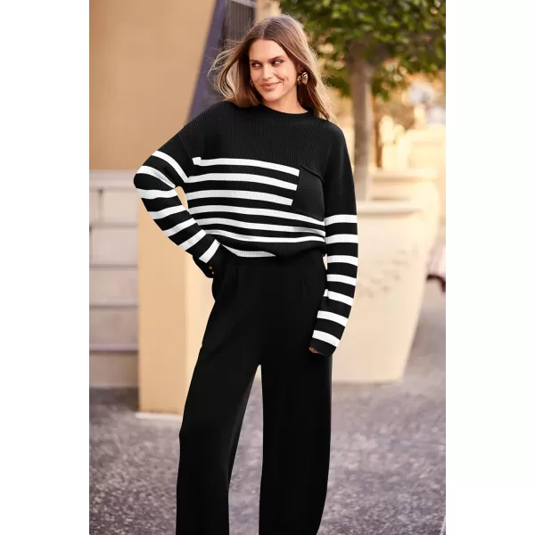PRETTYGARDEN Womens Fall 2 Piece Sweater Set Casual Pullover Top High Waisted Sweatpants Tracksuit Lounge OutfitsStriped Black