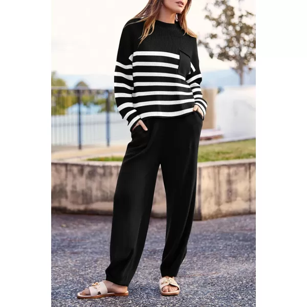PRETTYGARDEN Womens Fall 2 Piece Sweater Set Casual Pullover Top High Waisted Sweatpants Tracksuit Lounge OutfitsStriped Black