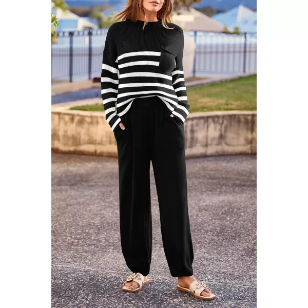 PRETTYGARDEN Womens Fall 2 Piece Sweater Set Casual Pullover Top High Waisted Sweatpants Tracksuit Lounge OutfitsStriped Black