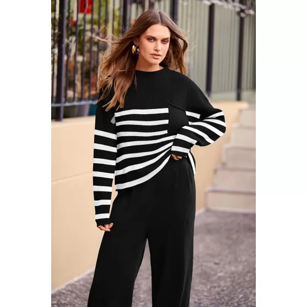 PRETTYGARDEN Womens Fall 2 Piece Sweater Set Casual Pullover Top High Waisted Sweatpants Tracksuit Lounge OutfitsStriped Black
