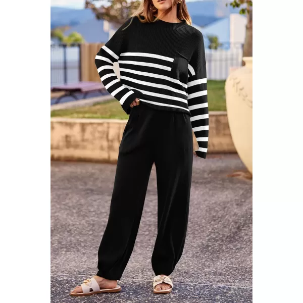 PRETTYGARDEN Womens Fall 2 Piece Sweater Set Casual Pullover Top High Waisted Sweatpants Tracksuit Lounge OutfitsStriped Black