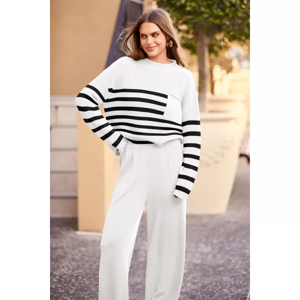 PRETTYGARDEN Womens Fall 2 Piece Sweater Set Casual Pullover Top High Waisted Sweatpants Tracksuit Lounge OutfitsStriped White