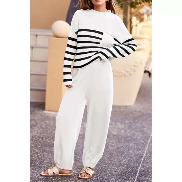 PRETTYGARDEN Womens Fall 2 Piece Sweater Set Casual Pullover Top High Waisted Sweatpants Tracksuit Lounge OutfitsStriped White