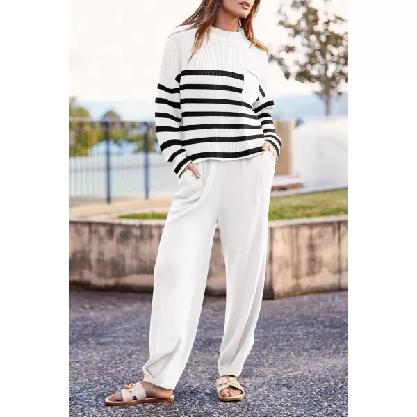 PRETTYGARDEN Womens Fall 2 Piece Sweater Set Casual Pullover Top High Waisted Sweatpants Tracksuit Lounge OutfitsStriped White